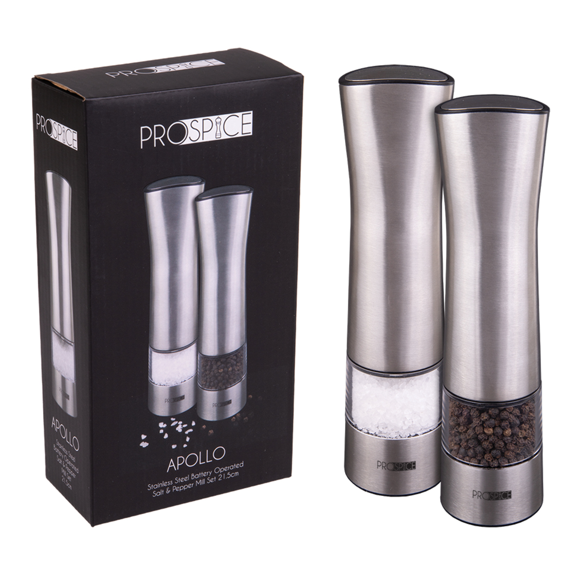 Prospice Stainless Steel Salt and Pepper Mills Grinders Battery Operated 21.5CM