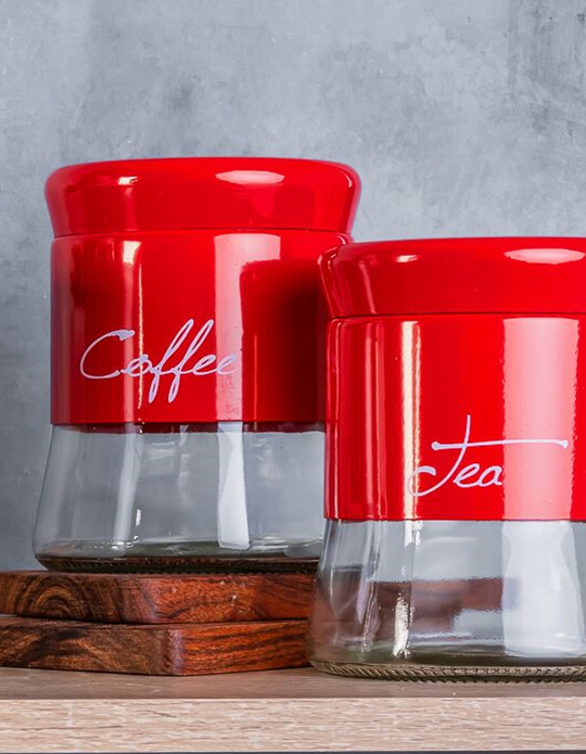 House of Florence Red Glass Canisters Set of 3 - Coffee, Sugar, and Tea