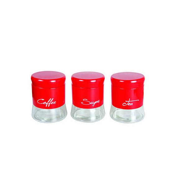 House of Florence Red Glass Canisters Set of 3 - Coffee, Sugar, and Tea