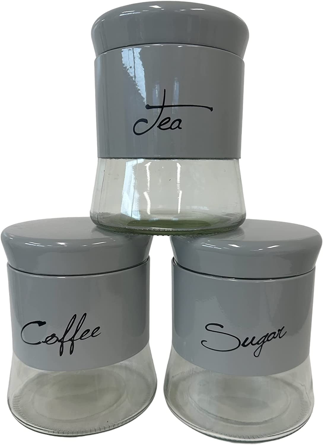 House of Florence Grey Glass Canisters Set of 3 - Coffee, Sugar, and Tea