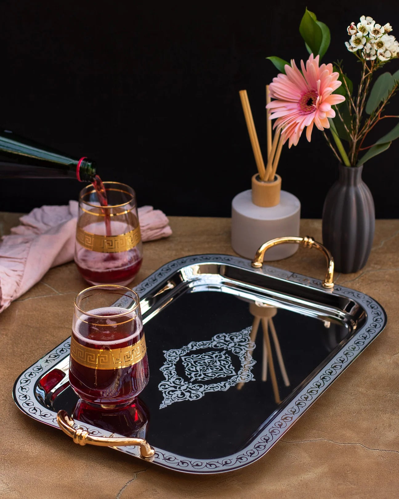 Stainless Steel Serving Tray - Moroccan Inspired Greek Key Design 45.5cm x 33cm