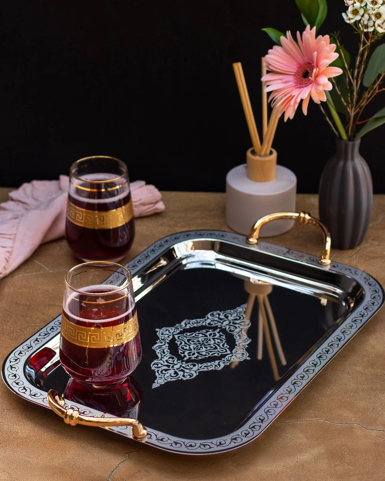 Stainless Steel Serving Tray - Moroccan Inspired Greek Key Design 45.5cm x 33cm