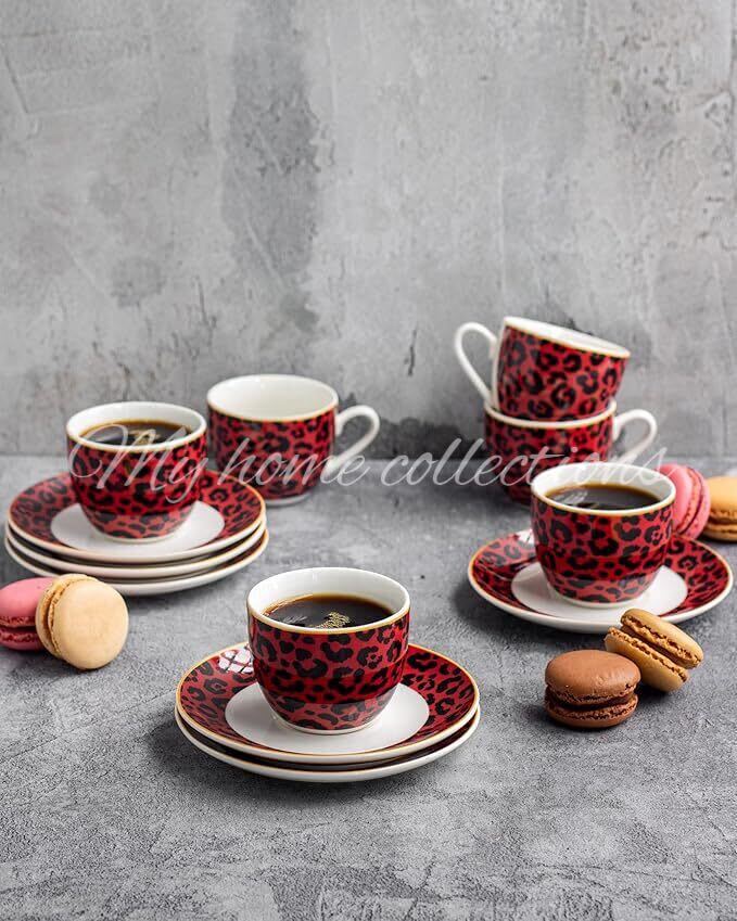 House Of Florence Leopard Edition 12-Piece Espresso Set - Red and Black