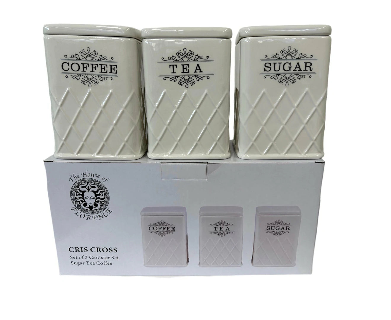 Modern Design Criss Cross Embossed Canister Set - Coffee, Tea, Sugar - Set of 3