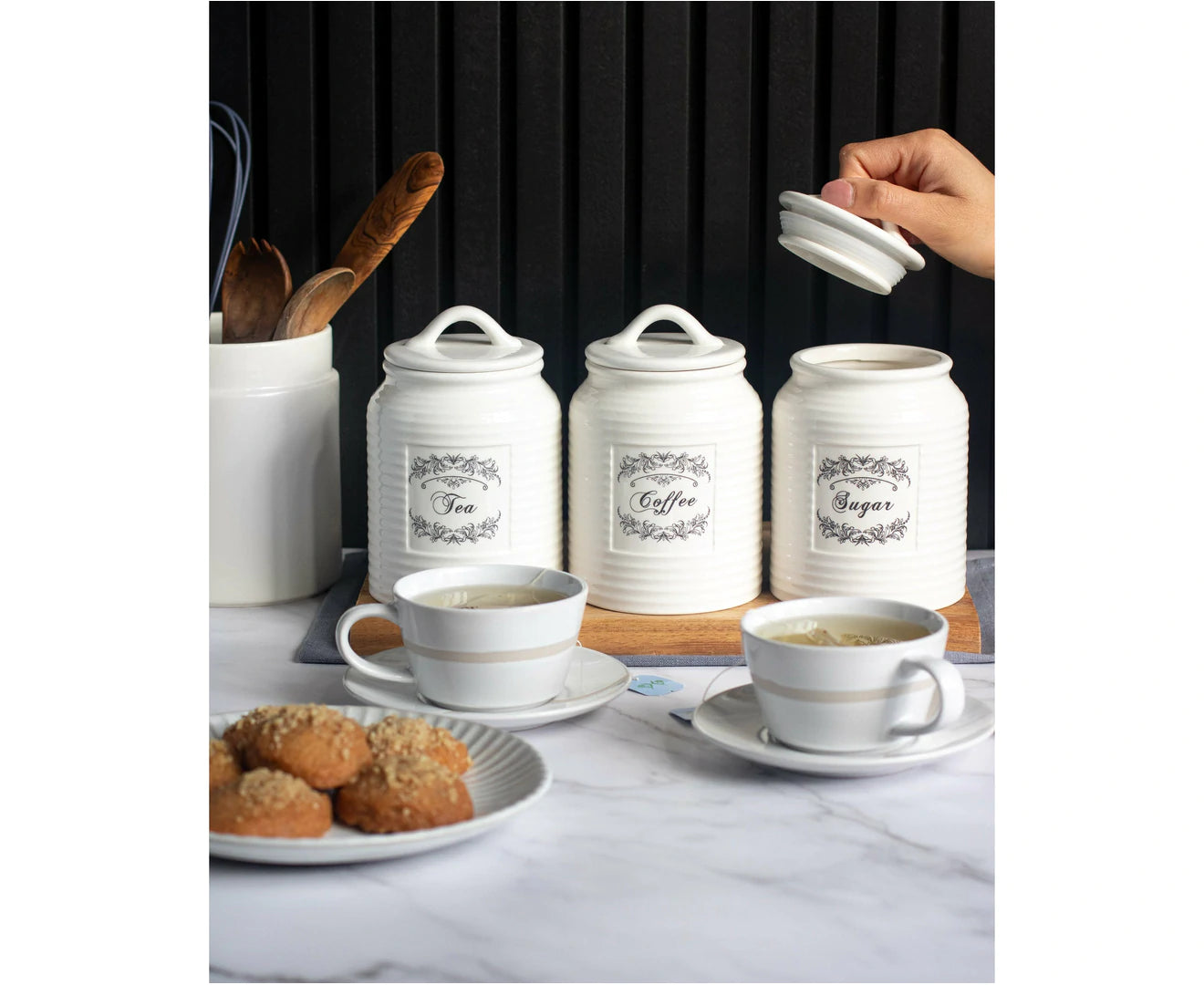 Country Cottage Design Canister Set - Sugar, Tea, Coffee - Set of 3