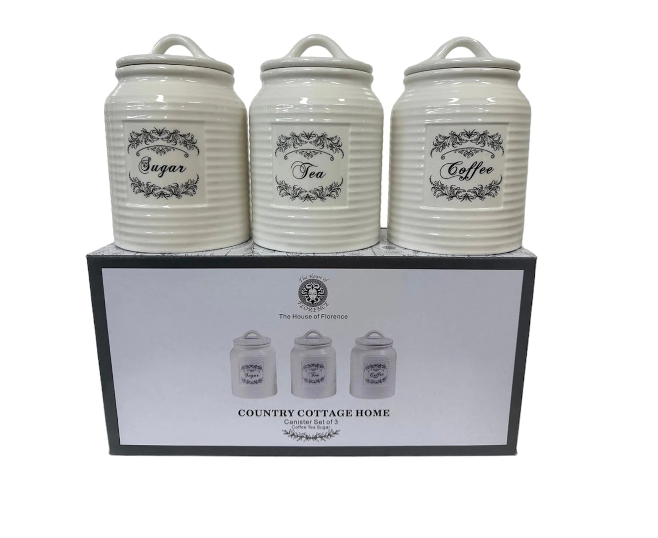 Country Cottage Design Canister Set - Sugar, Tea, Coffee - Set of 3