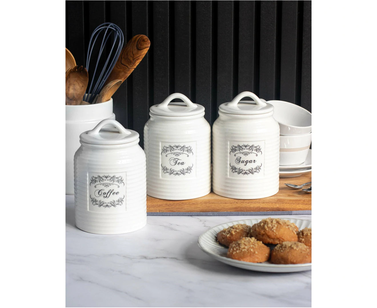 Country Cottage Design Canister Set - Sugar, Tea, Coffee - Set of 3