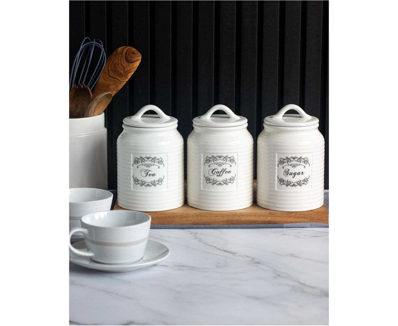 Country Cottage Design Canister Set Sugar, Tea, Coffee Set of