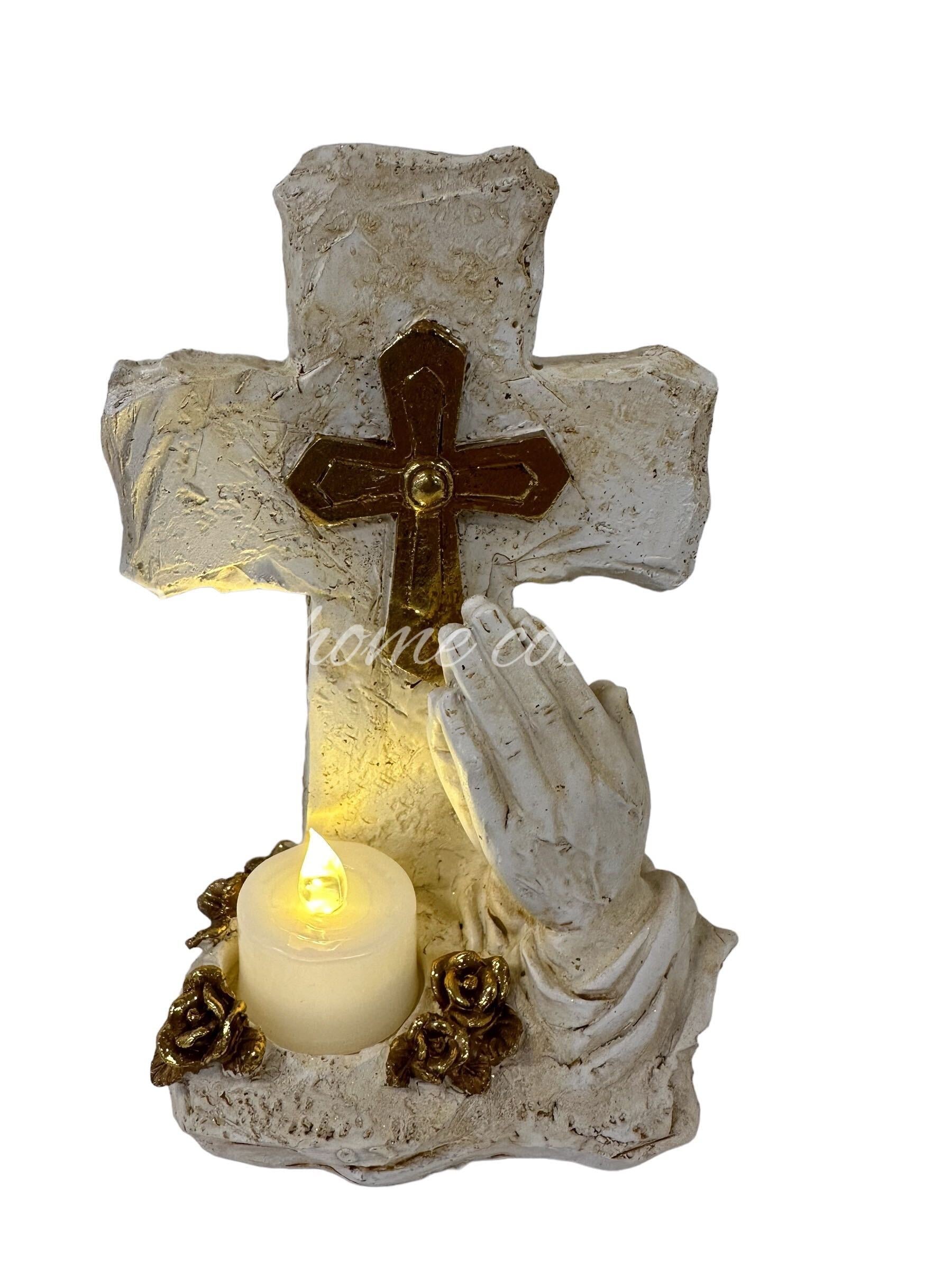 House of Florence Religious Keepsake Cross with Praying Hands and Light-Up Candle