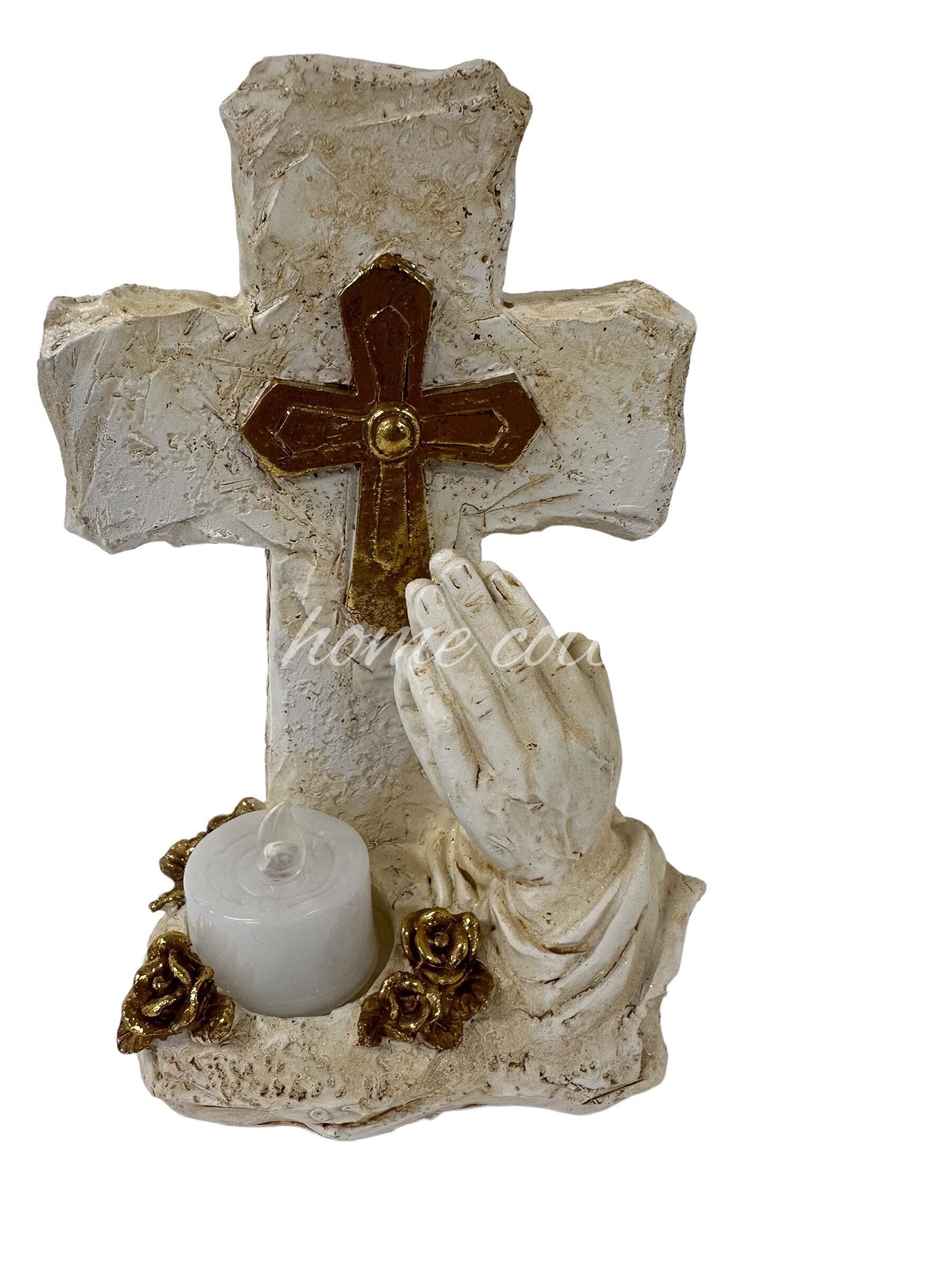 House of Florence Religious Keepsake Cross with Praying Hands and Light-Up Candle