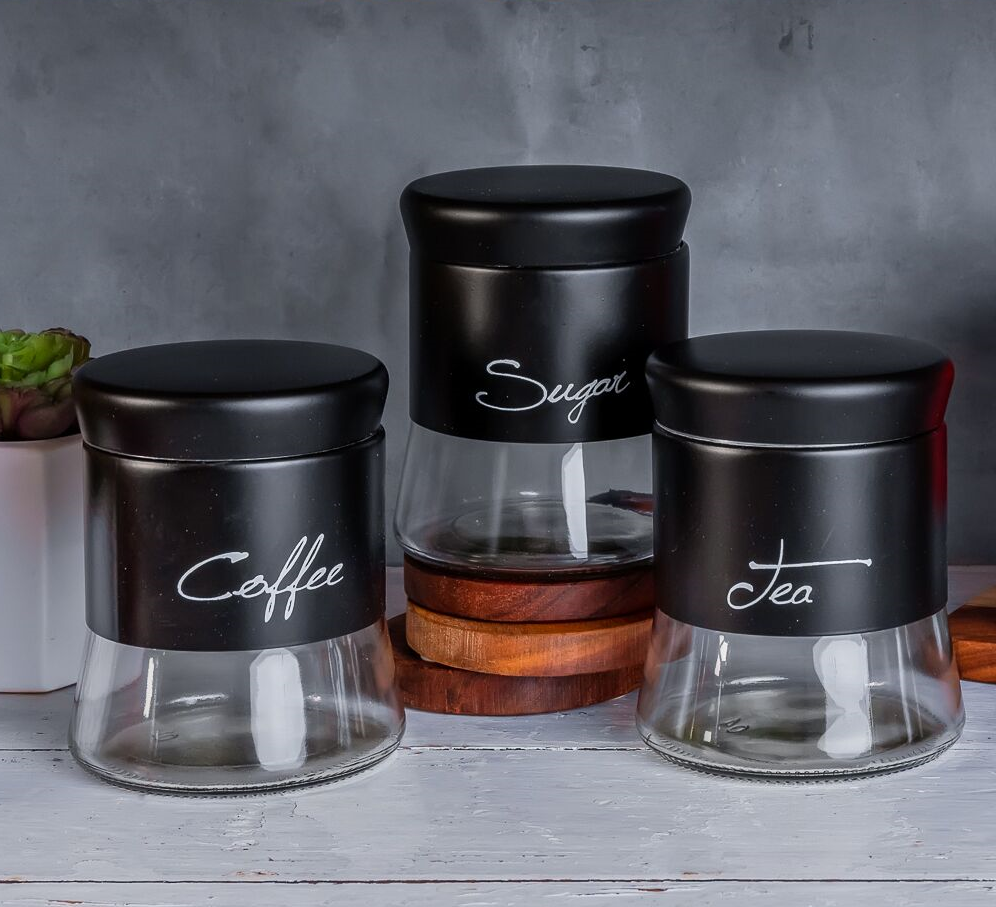 House of Florence Black Glass Canisters Set of 3 - Coffee, Sugar, and Tea