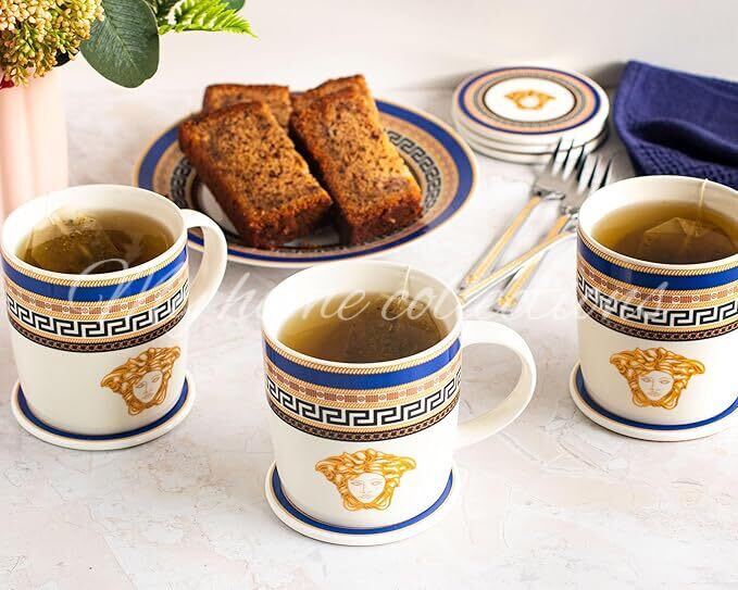 House Of Florence Capri Greek Key Mediterranean Style Set of 6 Mugs 330ml with Gift Box