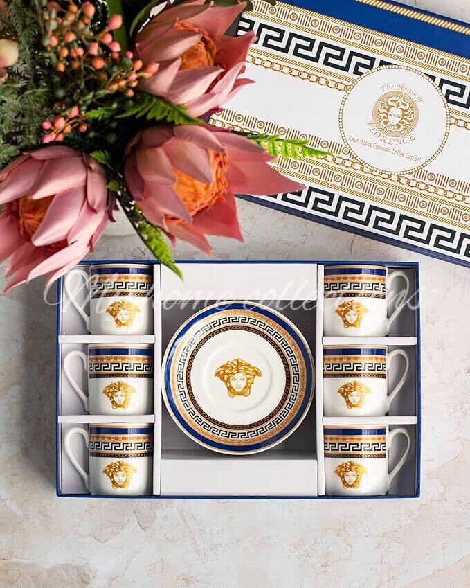 House of Florence Capri Medusa Greek Key 12pcs Espresso Cup Set - Elegant Gift Box