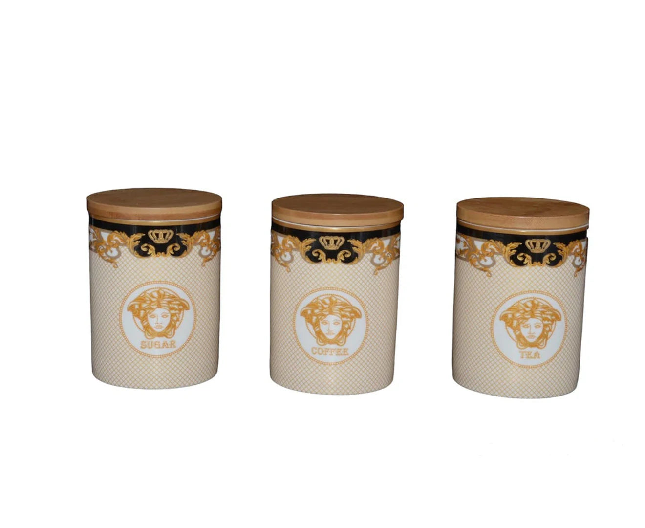 Luxurious Medusa 3-Piece Canister Set Sugar, Tea, Coffee - Ceramic w/wooden lid