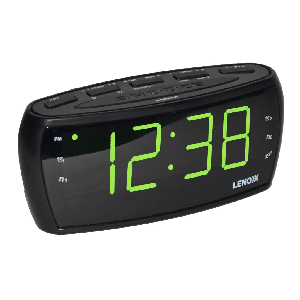 Digital LED Alarm Clock - AM/FM, Snooze, Sleep, Battery Backup, Large 1.8" Numbers - Green LED