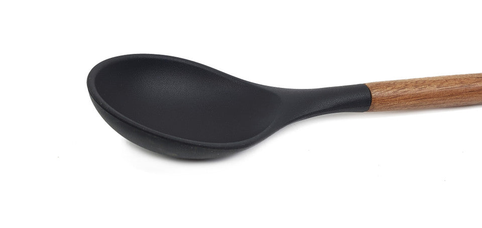 St. Clare Black Silicone Solid Spoon with Acacia Handle - 31cm, Heat-Resistant