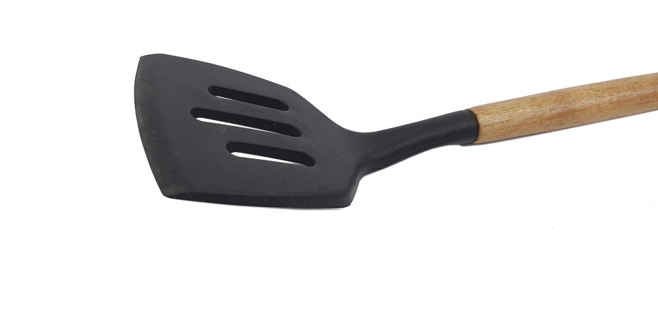 St. Clare Black Silicone Slotted Lifter with Acacia Handle - 32cm, Heat-Resistant