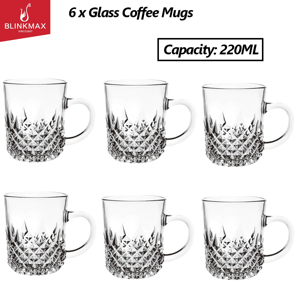 220ml Glass Coffee/Tea Cups w/ Handle - Set of 6 Suitable for Hot/Cold Beverages