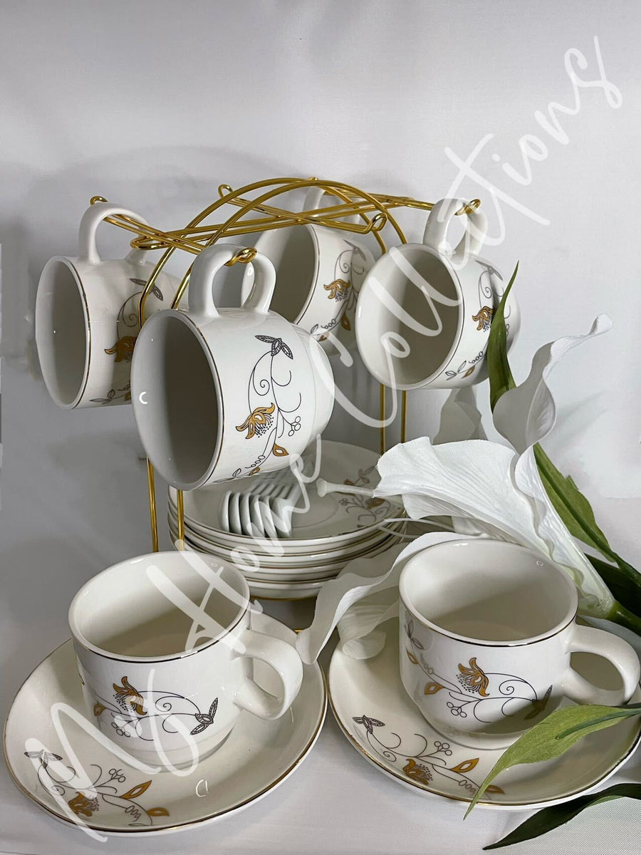 19 Piece Set Ceramic Coffee/Tea Cups with Saucers and Tea Spoon (Stand ...