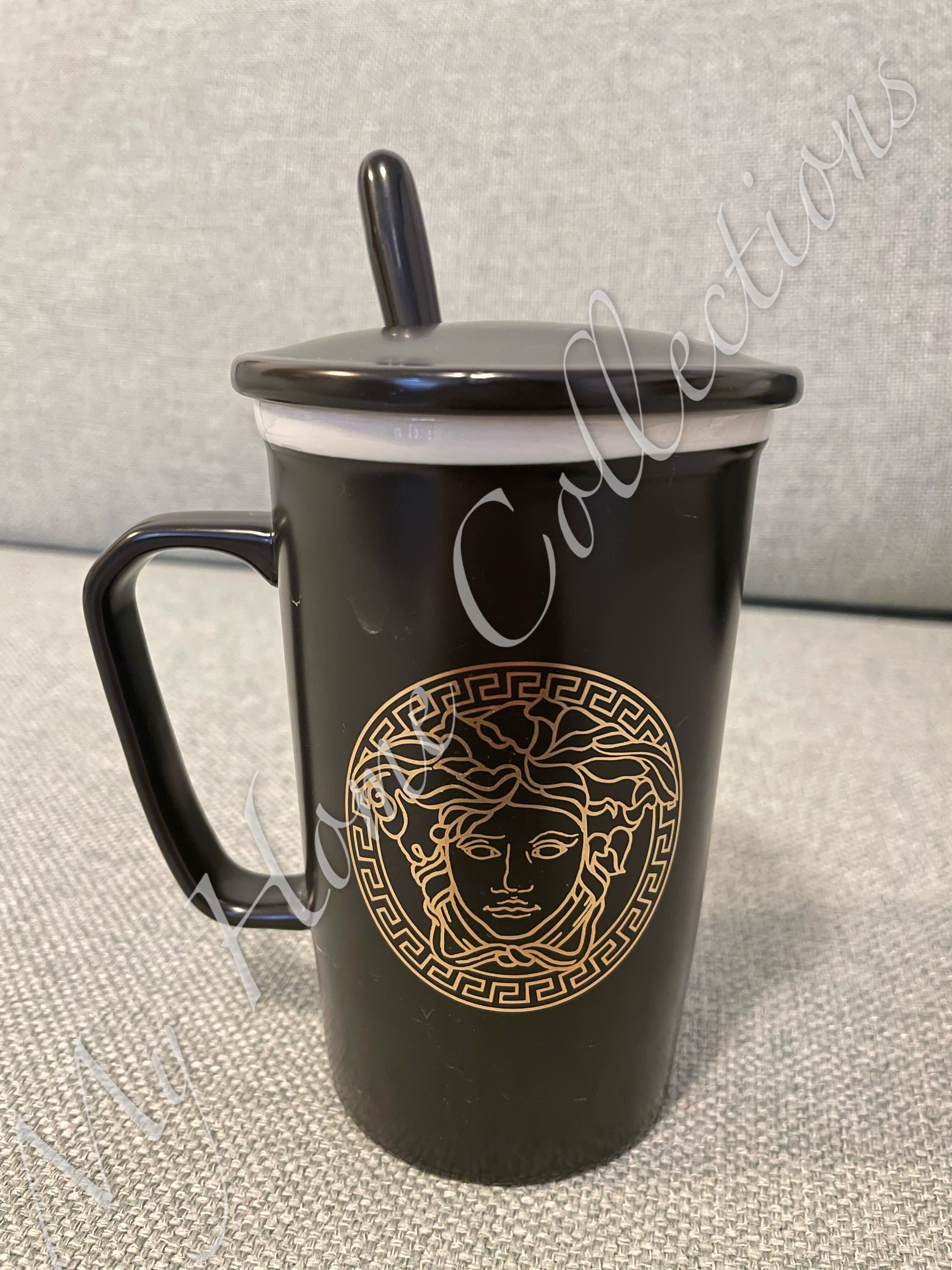 Coffee Mug with Lid and Spoon Medusa Black Gold Gift Box 400ml