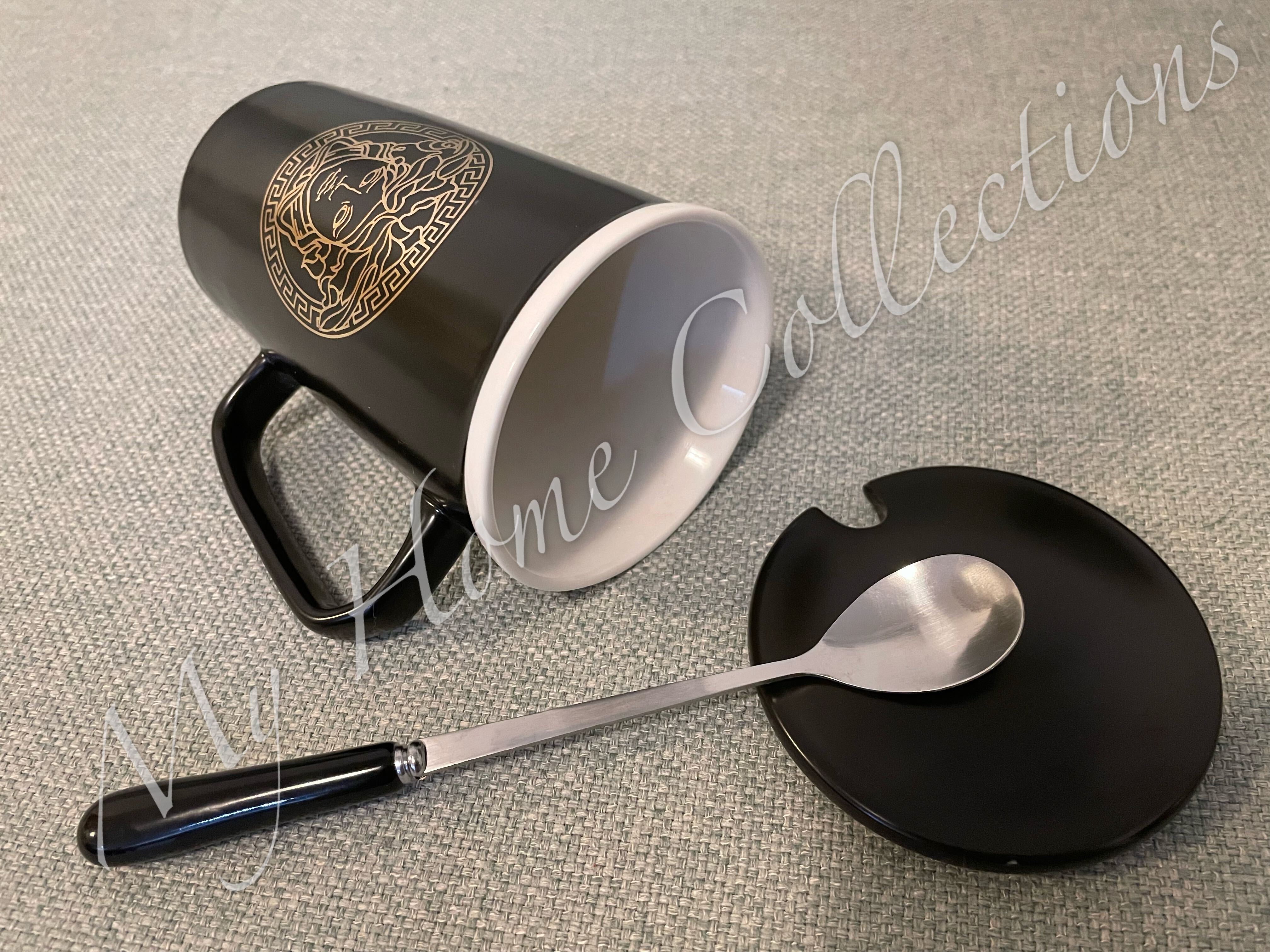 Coffee Mug with Lid and Spoon Medusa Black Gold Gift Box 400ml