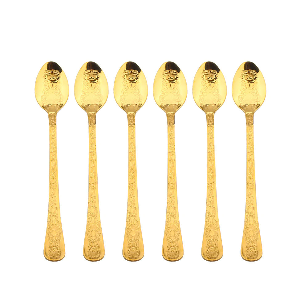 Long Coffee Spoon Gold Engraved Design Set of 6 Coffee Culture