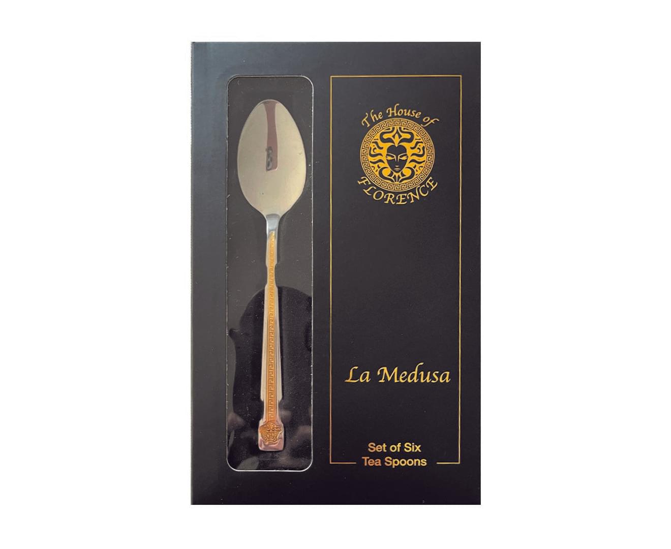 The House of Florence Medusa Set of 6 Gold Stainless Steel Tea Spoons With Gift Box