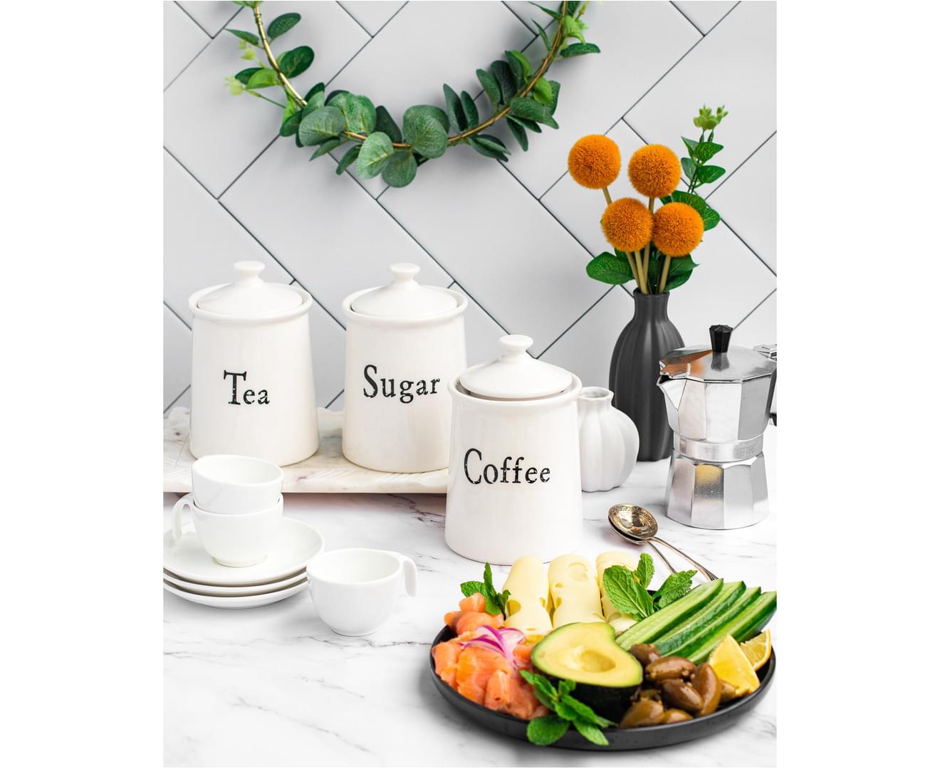 House of Florence Canister Set Vintage Home 3PC White (Coffee, Sugar, Tea)